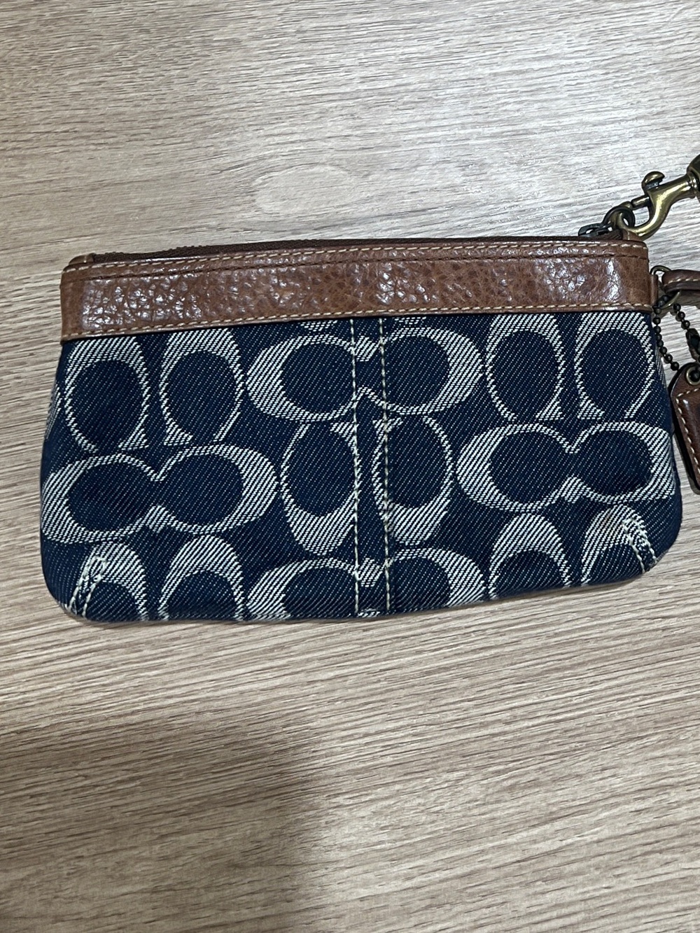 Coach Navy Signature Canvas Wristlet with Brown Leather Trim
